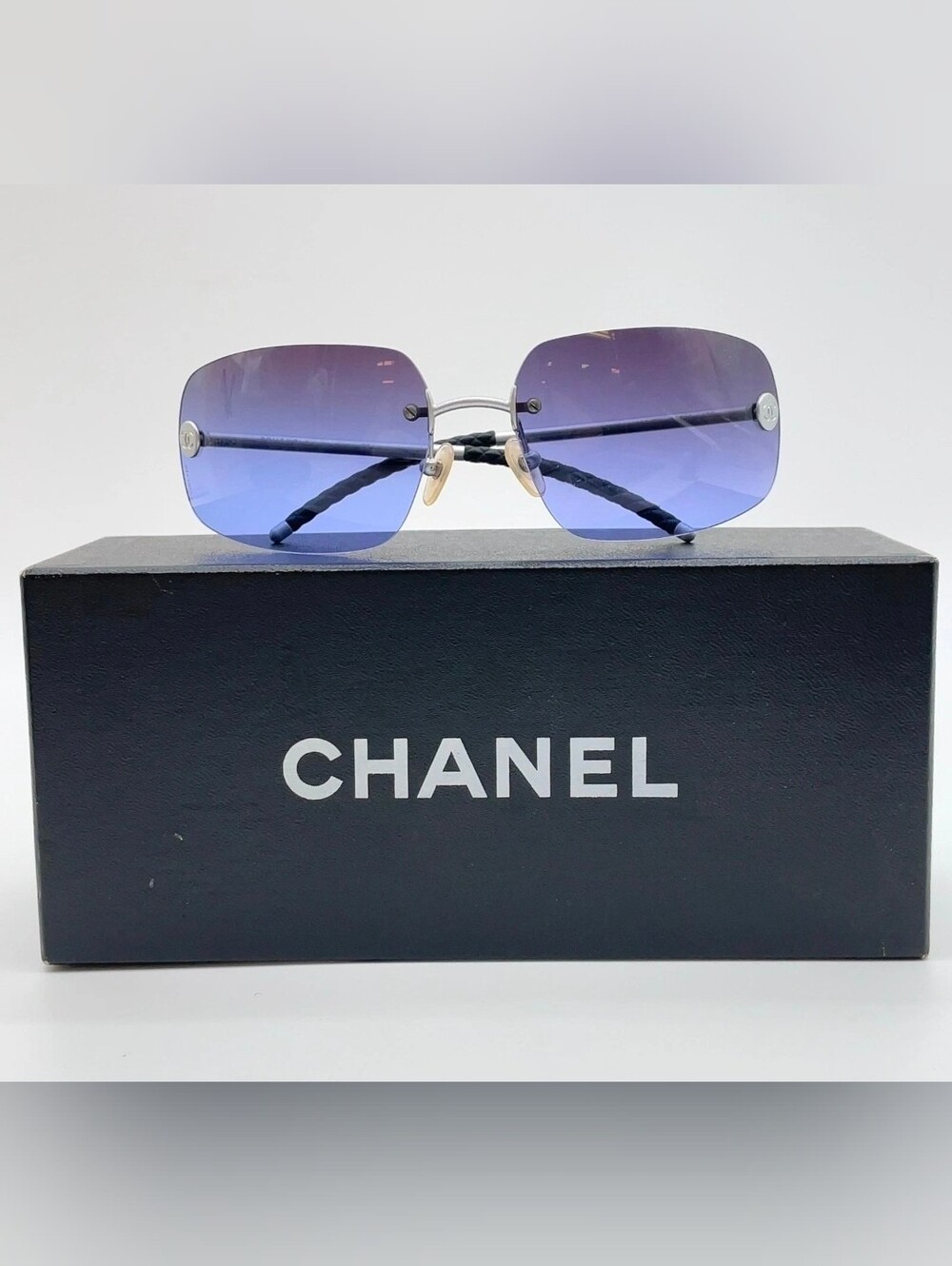 CHANEL Y2K Rimless Blue Gradient Rhinestone CC Mark Sunglasses Wbox - Picture 3 of 16